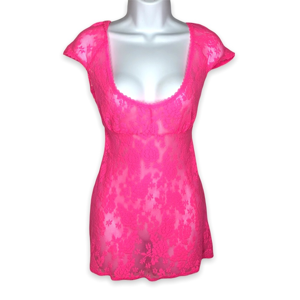 Victoria’s Secret hot pink lingerie mini dress chemise sheer floral large